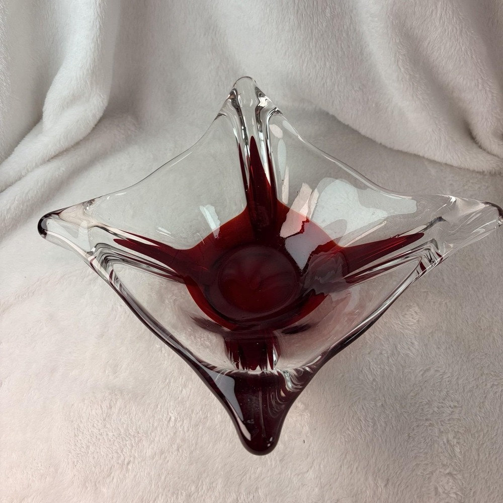 Vtg 60s Enesco Japan Red Blown Art Glass Bowl Handkerchief Star Sommerso Style